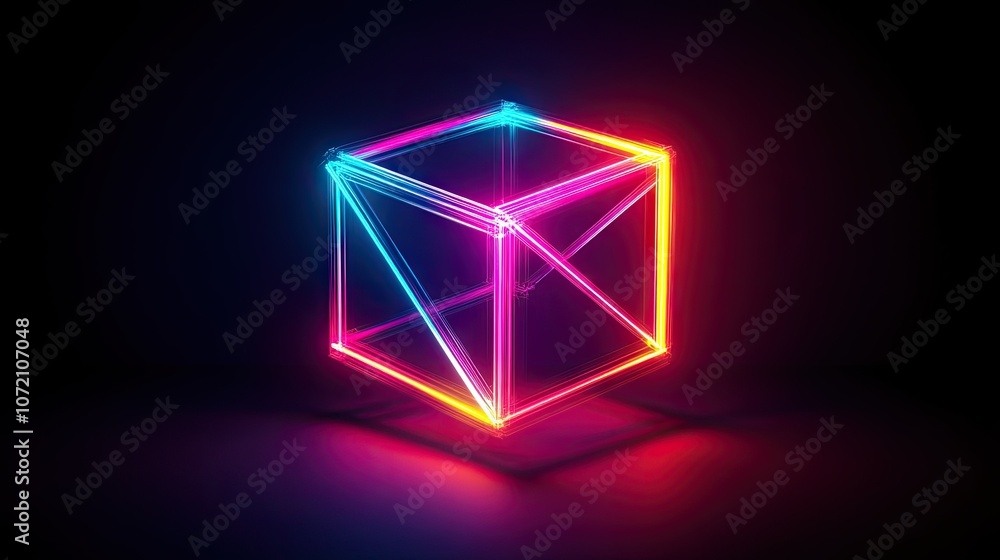 Poster neon laser lines intersecting in a cube design