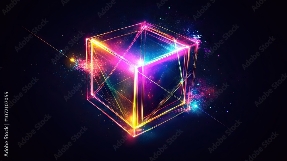 Poster colorful neon cube with laser lines and intersecting light