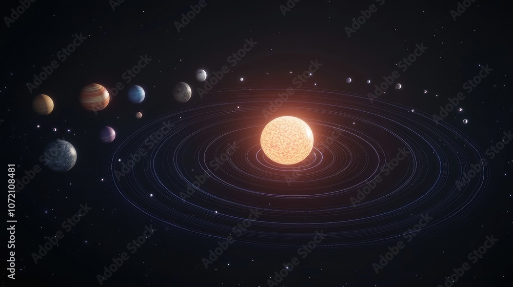 Poster solar system model with orbiting planets in space