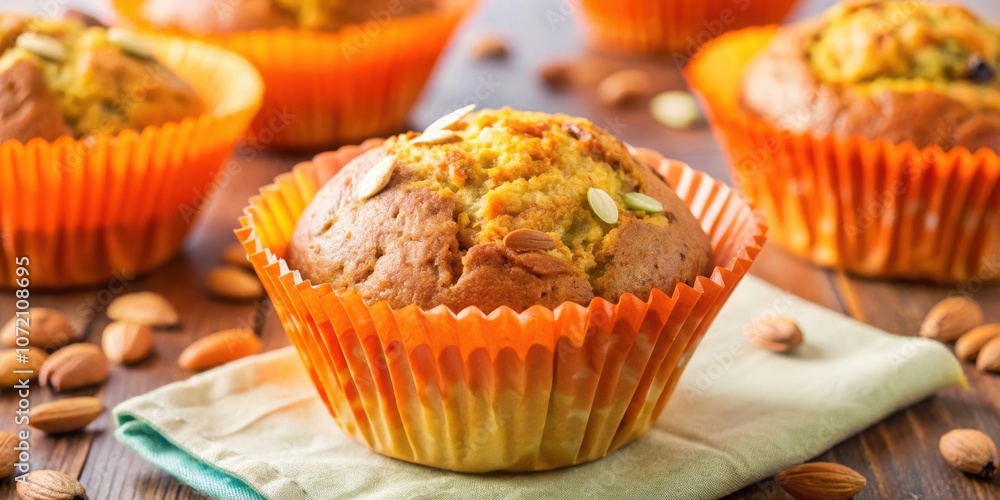 Poster close-up of a single pumpkin muffin with almonds scattered around on a rustic wooden table
