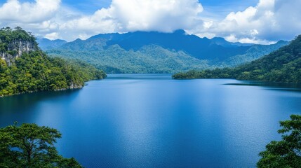 Fototapeta premium Serene Blue Lake Surrounded by Lush Mountains