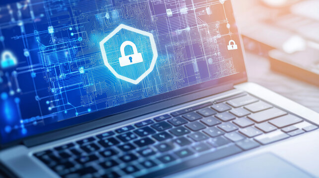 Laptop keyboard with a shield and padlock icon on the screen..