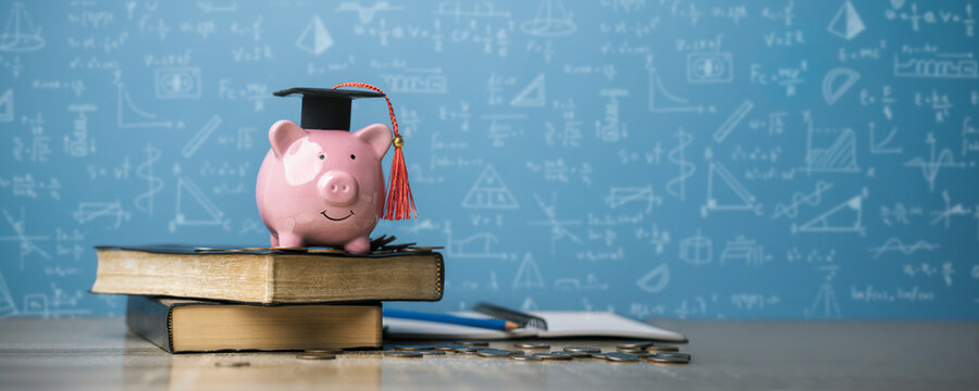 Scholarship concept for student and college success. College and university tuition. Investment, scholarship, loan. Pink piggy bank on book with chalkboard background.
