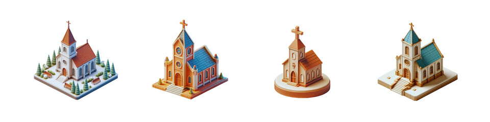 Naklejka premium Set of church 3d icon in cartoon style minimal, isolated over on transparent white background