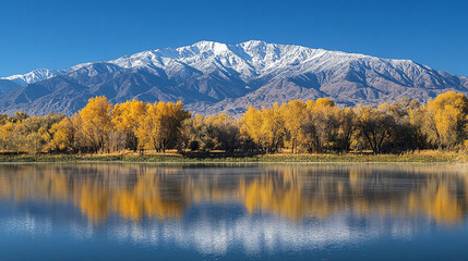 breathtaking view of a serene mountain range with a large, reflective body of water below, capturing the tranquil harmony of nature. The scene embodies peace, inspiration, and the majesty of the great