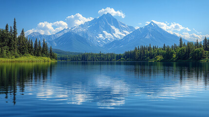 Naklejka premium breathtaking view of a serene mountain range with a large, reflective body of water below, capturing the tranquil harmony of nature. The scene embodies peace, inspiration, and the majesty of the great