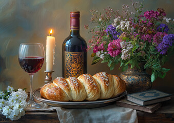 Challah, shabbat wine, torah and candles. Traditional Jewish Shabbat ritual. Shabbat Shalom.