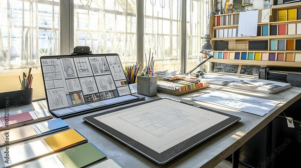 Poster a modern workspace with a tablet computer, sketchbook, and various design materials.