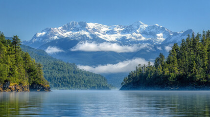 Fototapeta premium breathtaking view of a serene mountain range with a large, reflective body of water below, capturing the tranquil harmony of nature. The scene embodies peace, inspiration, and the majesty of the great