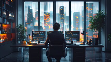 A professional in a modern office using a tablet to manage investments, financial graphs displayed, clean and organized desk, promoting wealth management