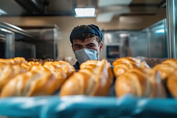 A man wearing a blue hat and a mask is standing in front of a tray of bread