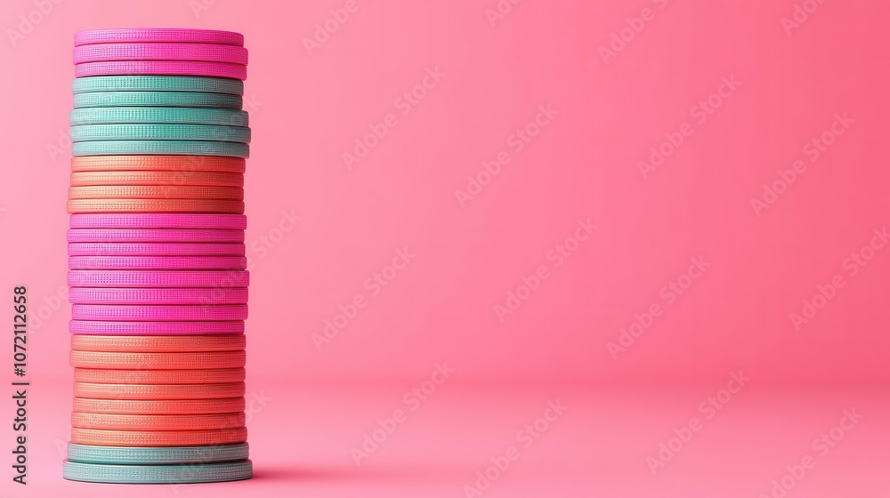 Poster a colorful stack of circular objects against a pink background, evoking a playful and vibrant aesthe