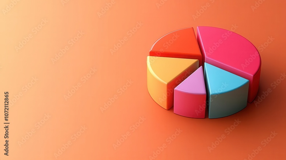 Poster a colorful 3d pie chart on an orange background, representing data distribution and analysis visuall