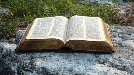 Obraz premium Open book with worn pages resting on rock outdoors