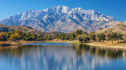 Fototapeta premium breathtaking view of a serene mountain range with a large, reflective body of water below, capturing the tranquil harmony of nature. The scene embodies peace, inspiration, and the majesty of the great