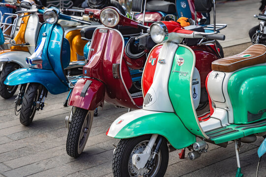 Vintage scooters from the 1960's, Classic Car Boot Sale 2024, Granary Square, King's Cross, London.