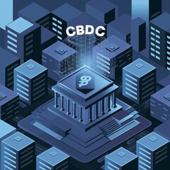 Obraz premium Digital bank issuing CBDC: Central Bank Digital Currency for transactions. CBDC glowing hologram with bank icon and circuit board, digital payment