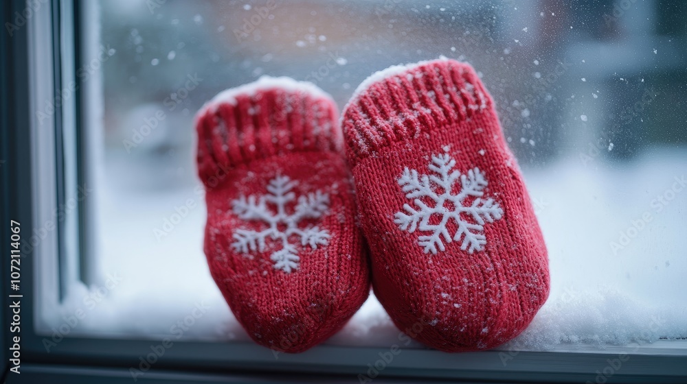 Poster a pair of red mittens with snowflake designs rest on a snowy windowsill, with the snow falling outsi