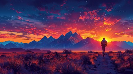 A runner moves along a dirt trail as the sun sets behind the mountains. The air is cool, and the sky is ablaze with oranges and purples, making the runner feel alive and energized