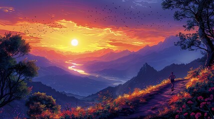 Naklejka premium A runner moves along a dirt trail as the sun sets behind the mountains. The air is cool, and the sky is ablaze with oranges and purples, making the runner feel alive and energized