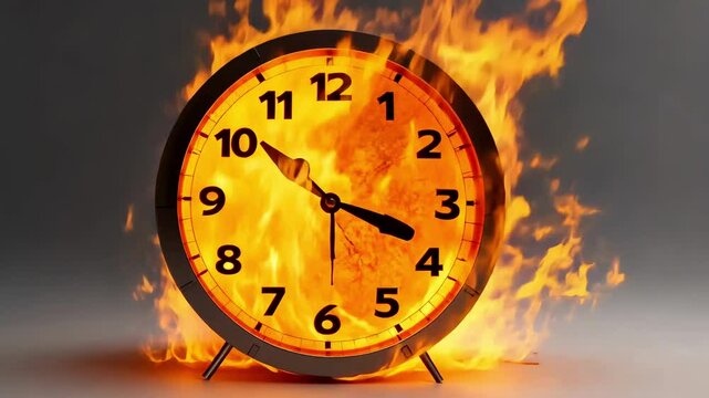 A clock engulfed in flames, symbolizing the concept of time running out, urgency, or the fleeting nature of time. 4K video