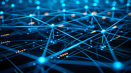 Futuristic digital grid with neon blue lines, circuits, and glowing data nodes, creating a high-tech cyber atmosphere. technology background wallpaper 