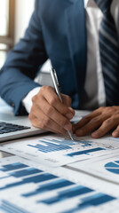 Executive leader with payment reports and abundance charts, showcasing financial growth