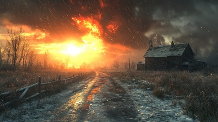 Winter Stormy Sunset Over a Rustic Farm