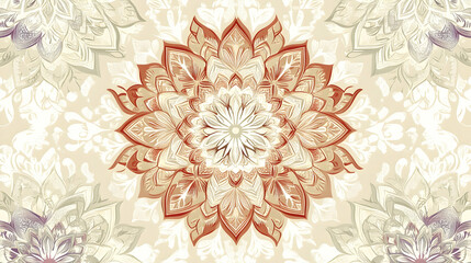 Seamless pattern with intricate floral mandala design in beige, brown, and white colors.