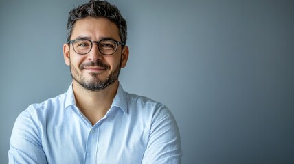 Obraz premium Smiling man with glasses in light blue shirt posing confidently