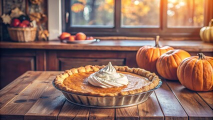 Naklejka premium A freshly baked pumpkin pie with a dollop of whipped cream sits on a rustic wooden table, bathed in warm autumn light, surrounded by plump pumpkins, ready to be enjoyed.