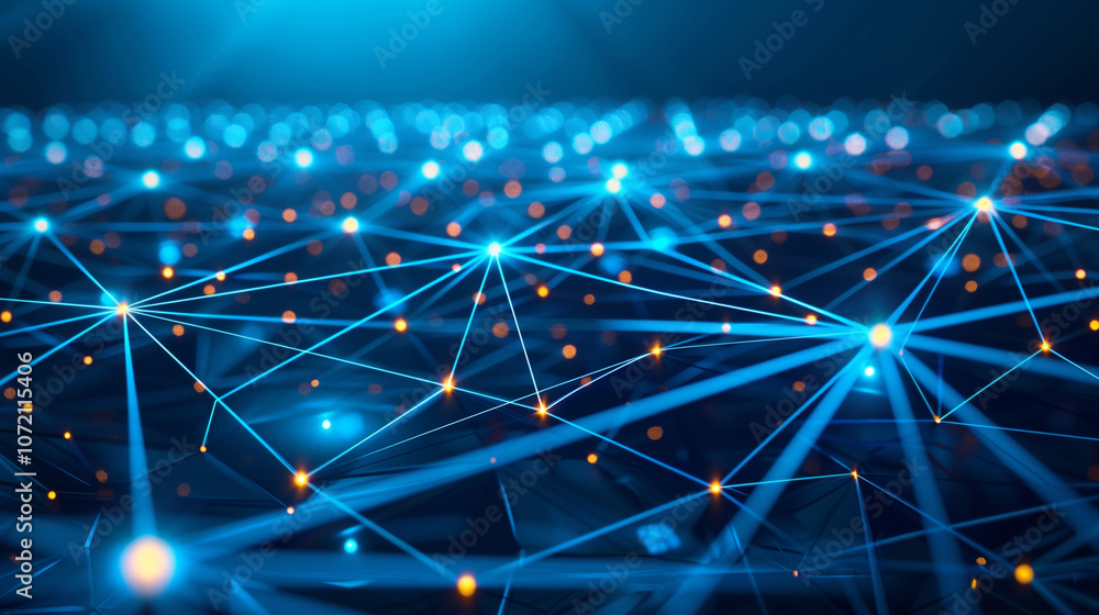Poster futuristic digital grid with neon blue lines, circuits, and glowing data nodes, creating a high-tech