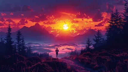 A runner moves along a dirt trail as the sun sets behind the mountains. The air is cool, and the sky is ablaze with oranges and purples, making the runner feel alive and energized