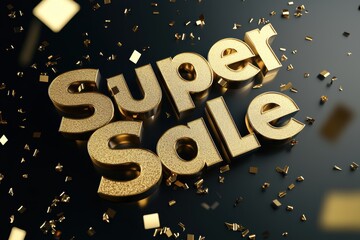 Shiny golden text reading "Super Sale" surrounded by confetti against a dark backdrop, conveying excitement and promotional energy.