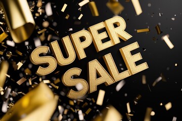 A vibrant graphic showcasing a "SUPER SALE" announcement with golden text and festive confetti on a black background.
