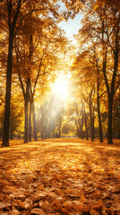 Fototapeta premium Sunbeams shining through golden autumn leaves in a park.
