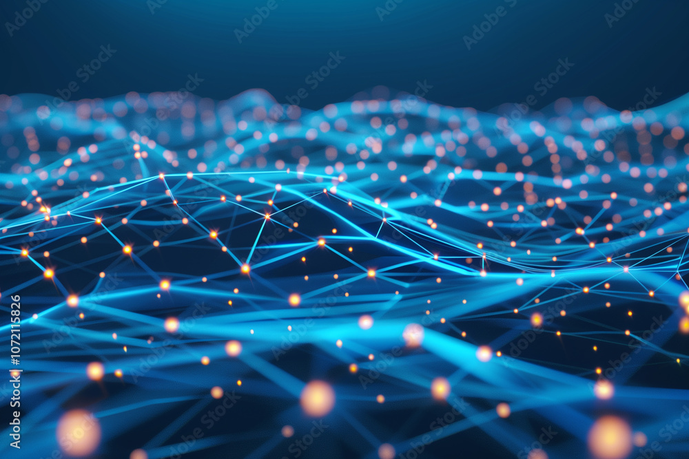 Poster futuristic digital grid with neon blue lines, circuits, and glowing data nodes, creating a high-tech