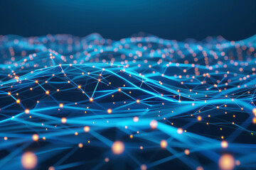 Obraz premium Futuristic digital grid with neon blue lines, circuits, and glowing data nodes, creating a high-tech cyber atmosphere. technology background wallpaper 