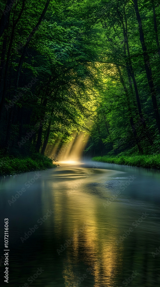 Poster sunlight streams through trees onto a river in a forest.