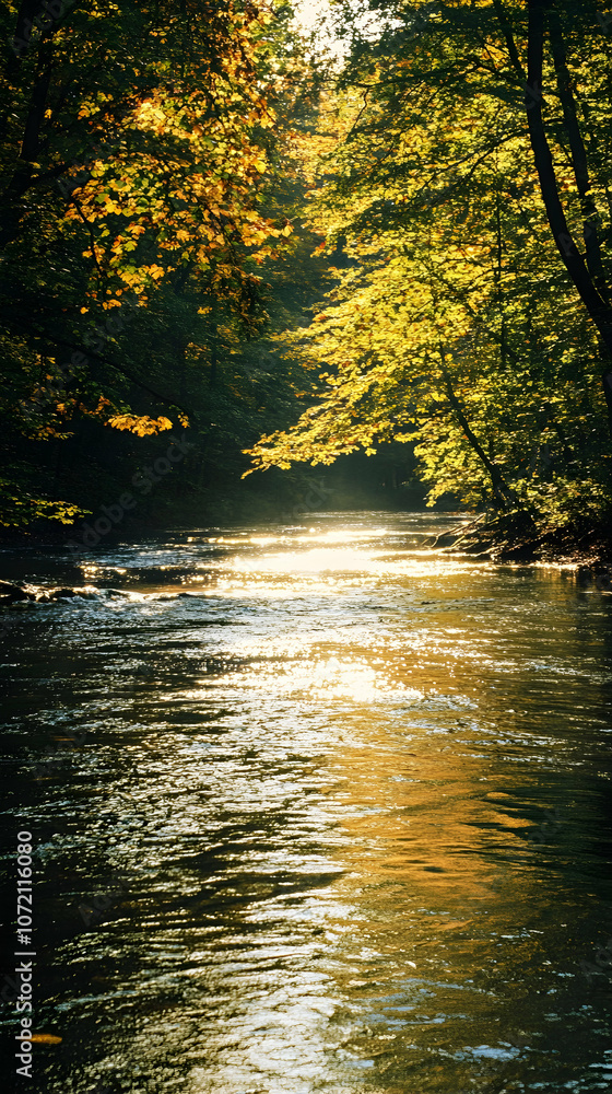 Poster sunlight streams through the canopy of trees, illuminating the rippling surface of a river.