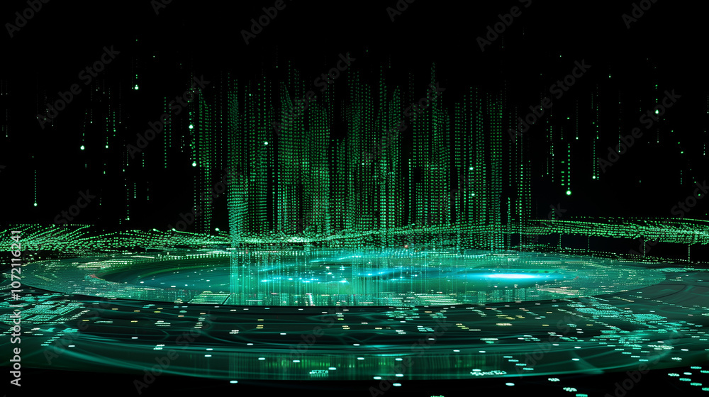 Poster matrix-inspired digital landscape with green binary code streams, floating data panels, and glowing 