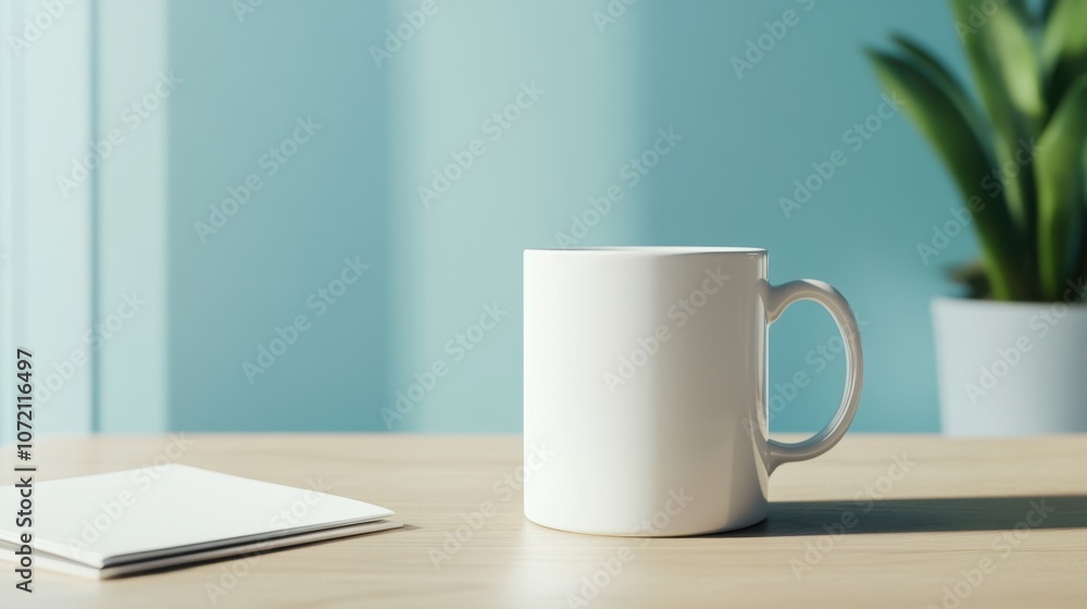 Poster a simple white mug rests on a wooden table beside a notepad, with a plant in the background and a so
