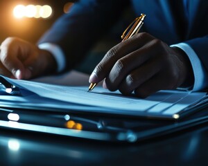 Close-up of hands organizing business plan documents into a sleek binder for investor meetings