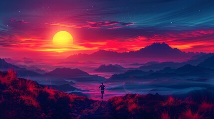 A runner moves along a dirt trail as the sun sets behind the mountains. The air is cool, and the sky is ablaze with oranges and purples, making the runner feel alive and energized