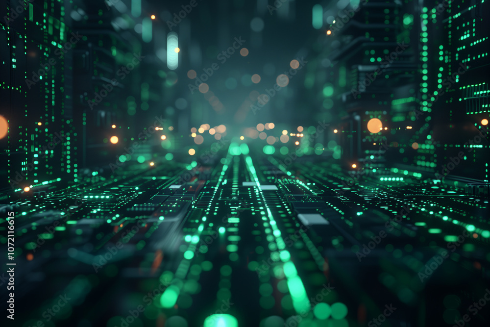 Poster matrix-inspired digital landscape with green binary code streams, floating data panels, and glowing 