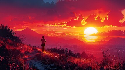 Fototapeta premium A runner moves along a dirt trail as the sun sets behind the mountains. The air is cool, and the sky is ablaze with oranges and purples, making the runner feel alive and energized
