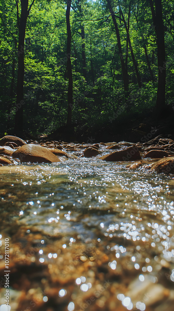 Poster a clear, shallow stream flows through a lush green forest with sunlight filtering through the trees.