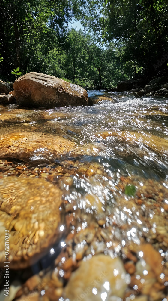 Poster a close-up view of a clear stream flowing over smooth stones. the water is sparkling and the stream 