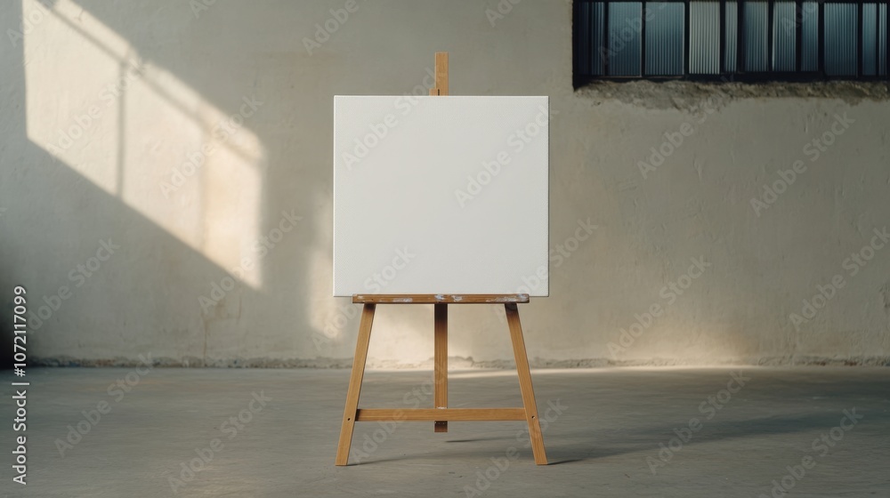 Poster a blank canvas on an easel stands in an empty room, illuminated by natural light through a window, i