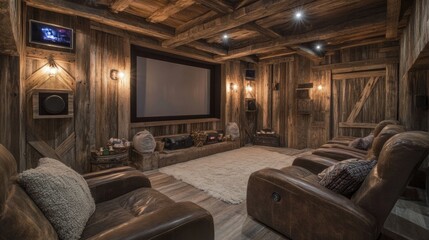 Fototapeta premium A spacious cinema room with rustic wood elements, deep leather recliners, and a high-definition screen, blending comfort with modern technology